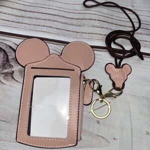Mickey Mouse pink card ID wallet holder - neck lanyard - gold hardware